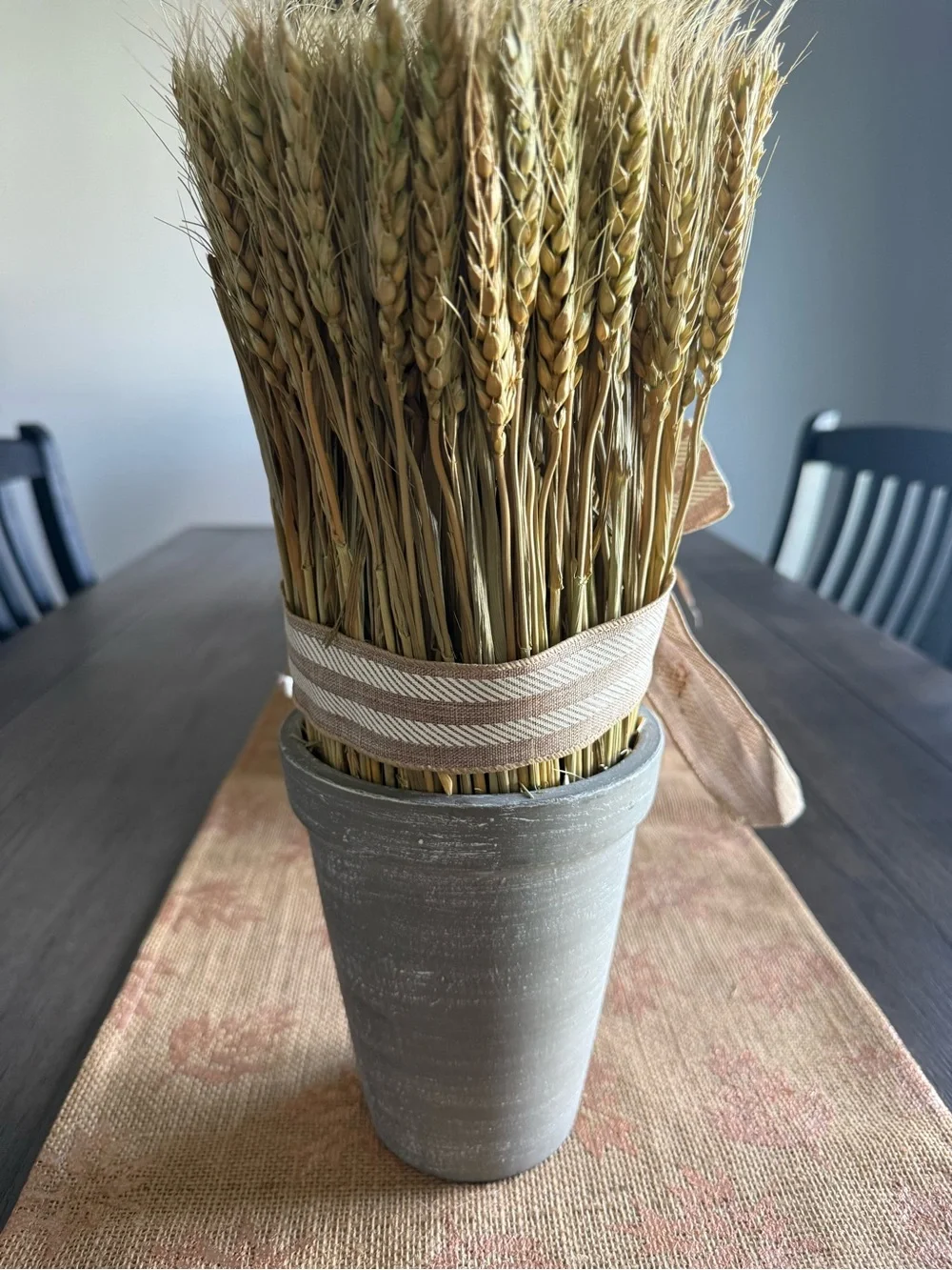 Rustic Wheat Bundle in Gray Vase with Tan Ribbon - Home Accents